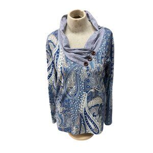 Womens XL Paisley Print Long Sleeve Top With Cowl Neck & Button Accents
